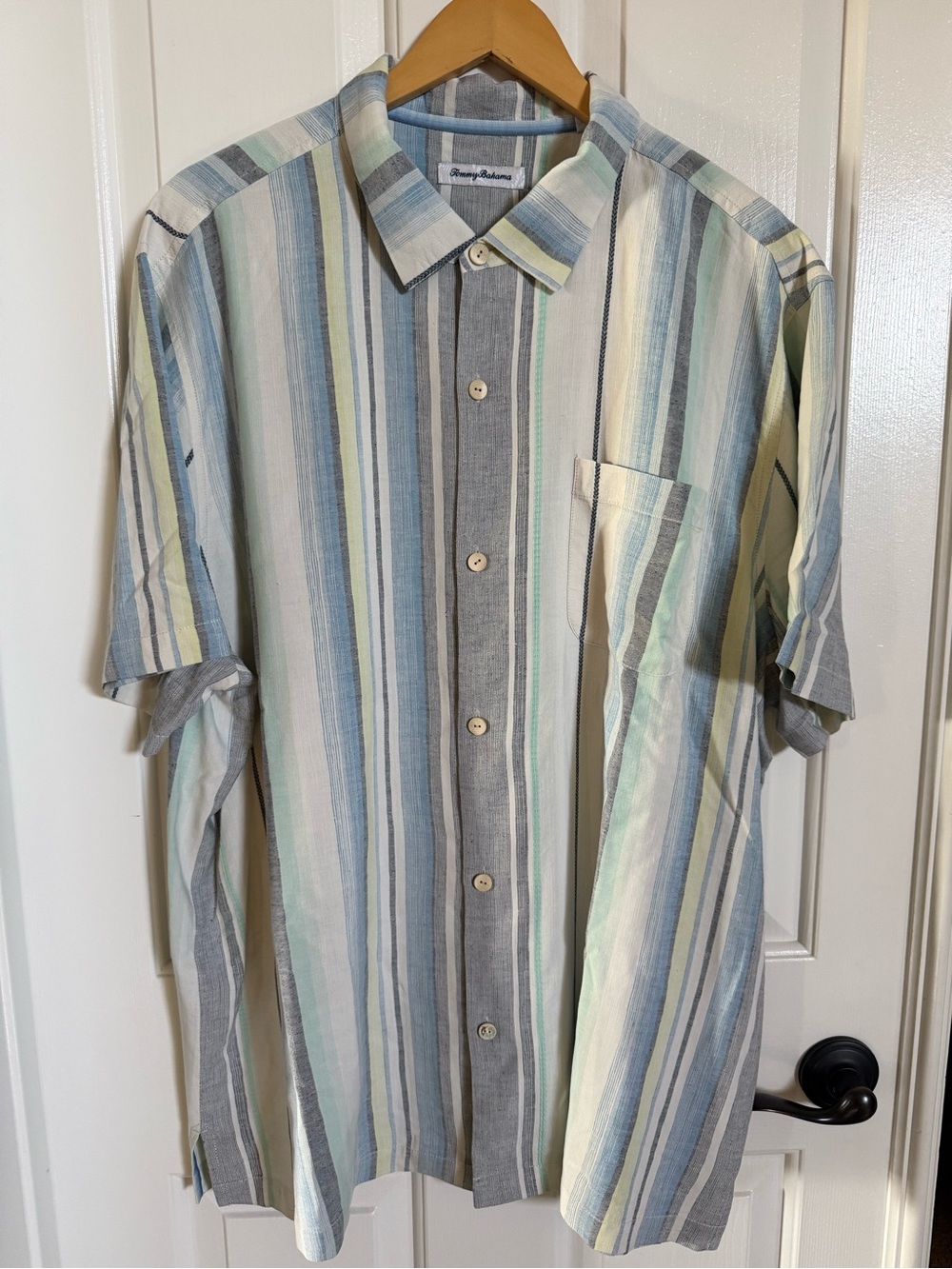 Tommy Bahama Short-Sleeve Striped Button-Up Shirt in Blue, Gray, White & Green